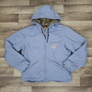 Carhartt Coat Womens Medium Blue Canvas Sherpa Lined Hooded Outdoor Workwear